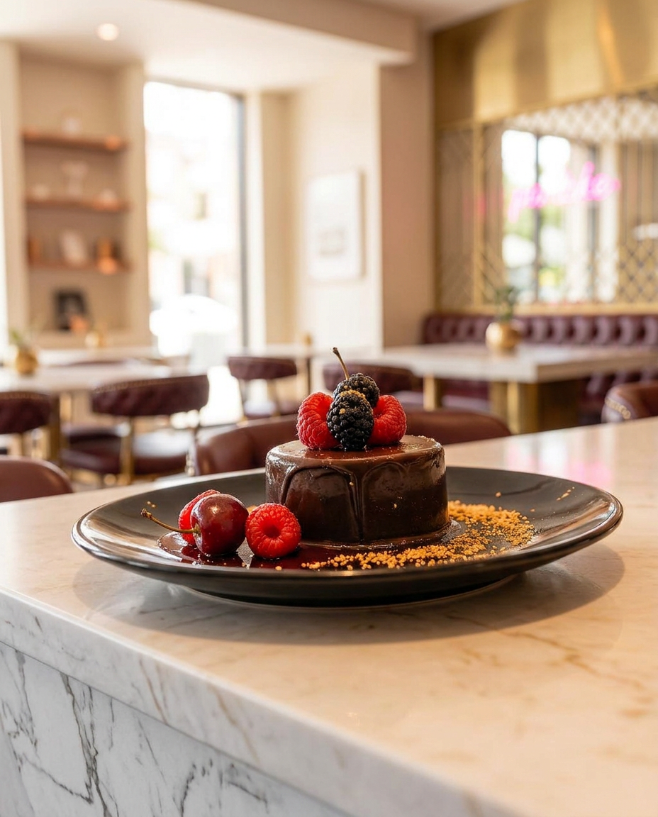 Chocolate dessert plated with berries in a dim bar